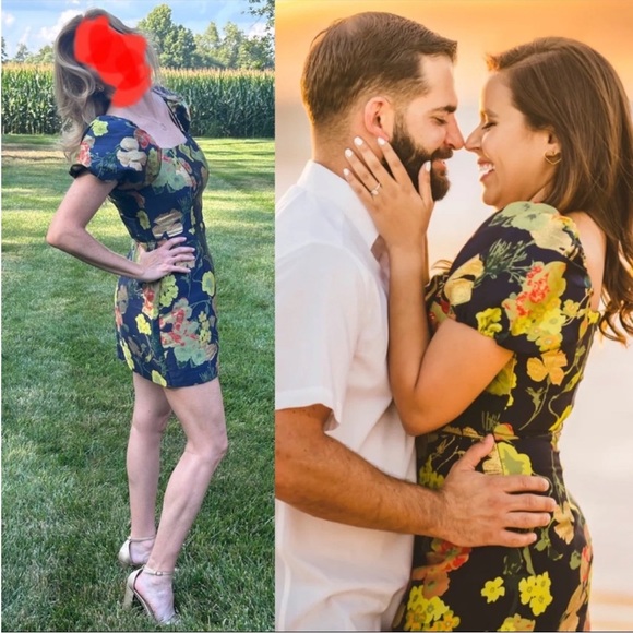 Navy Blue and Green Multi Floral Jacquard Puff Sleeve Mini Dress 🌿 - Picture 8 of 11